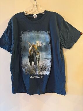 Mount Robson,BC. Moose Graphic Tee in Deep Teal, Sz L. made in Canada.